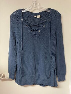 Moth Lace-Up V-Neck Pullover Sweater - Blue XS
